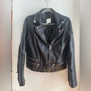 Free People Black Leather Fringe Jacket